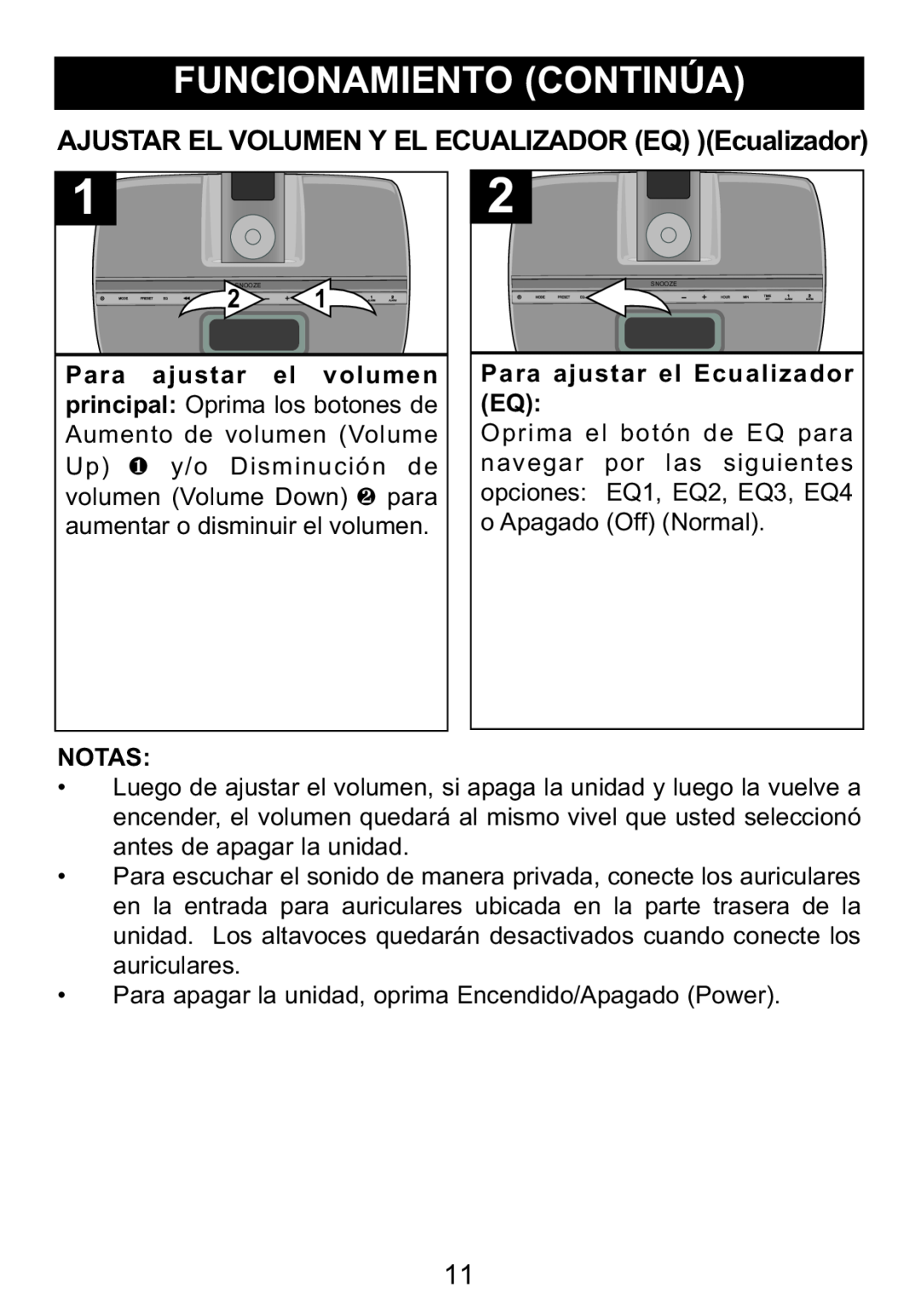 Memorex Mi4014 manual AJUSTAR EL VOLUMENY EL ECUALIZADOREQ Ecualizador 