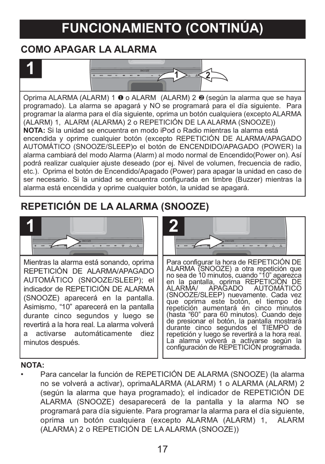 Memorex Mi4014 manual Como Apagar La Alarma, Repetición De La Alarma Snooze, Nota 