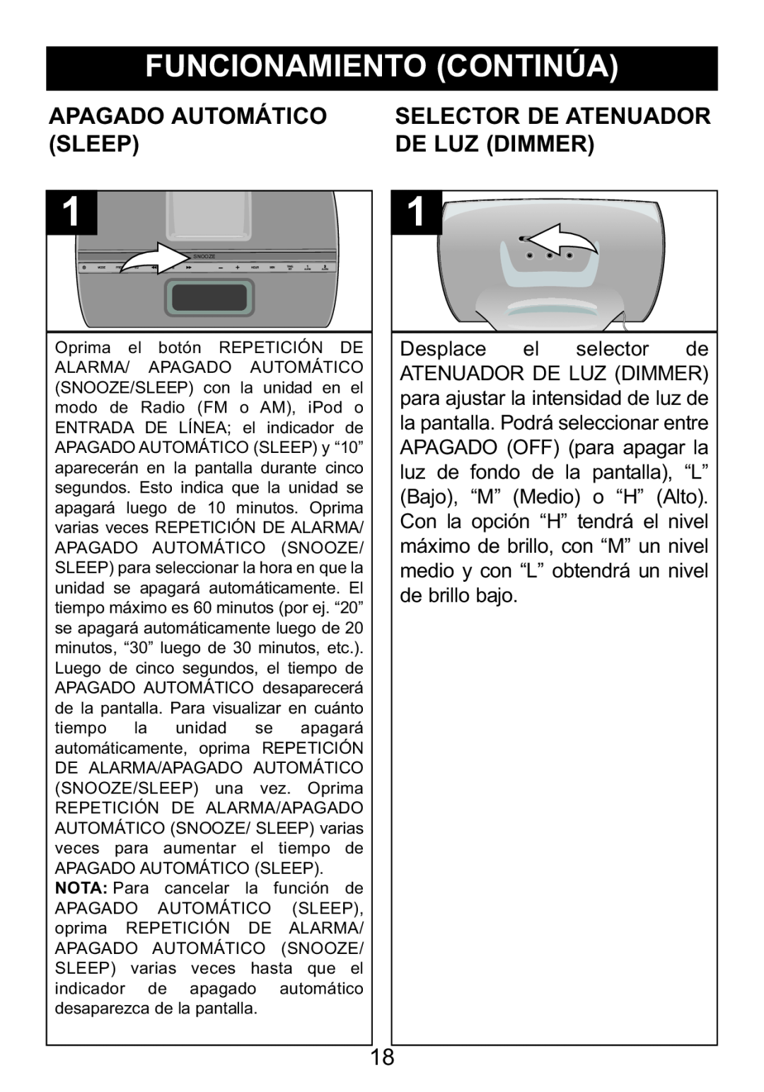 Memorex Mi4014 manual Apagado Automático, Selector De Atenuador, Sleep, De Luz Dimmer, Desplace el selector de 