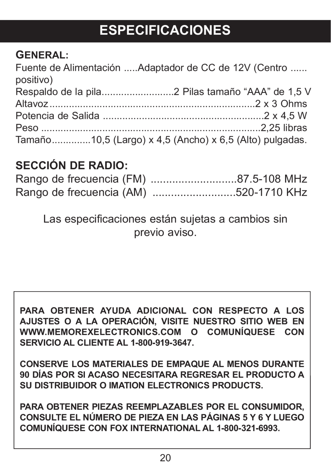 Memorex Mi4014 manual Especificaciones, Rango de frecuencia FM, 520-1710 KHz, 87.5-108 MHz, General 