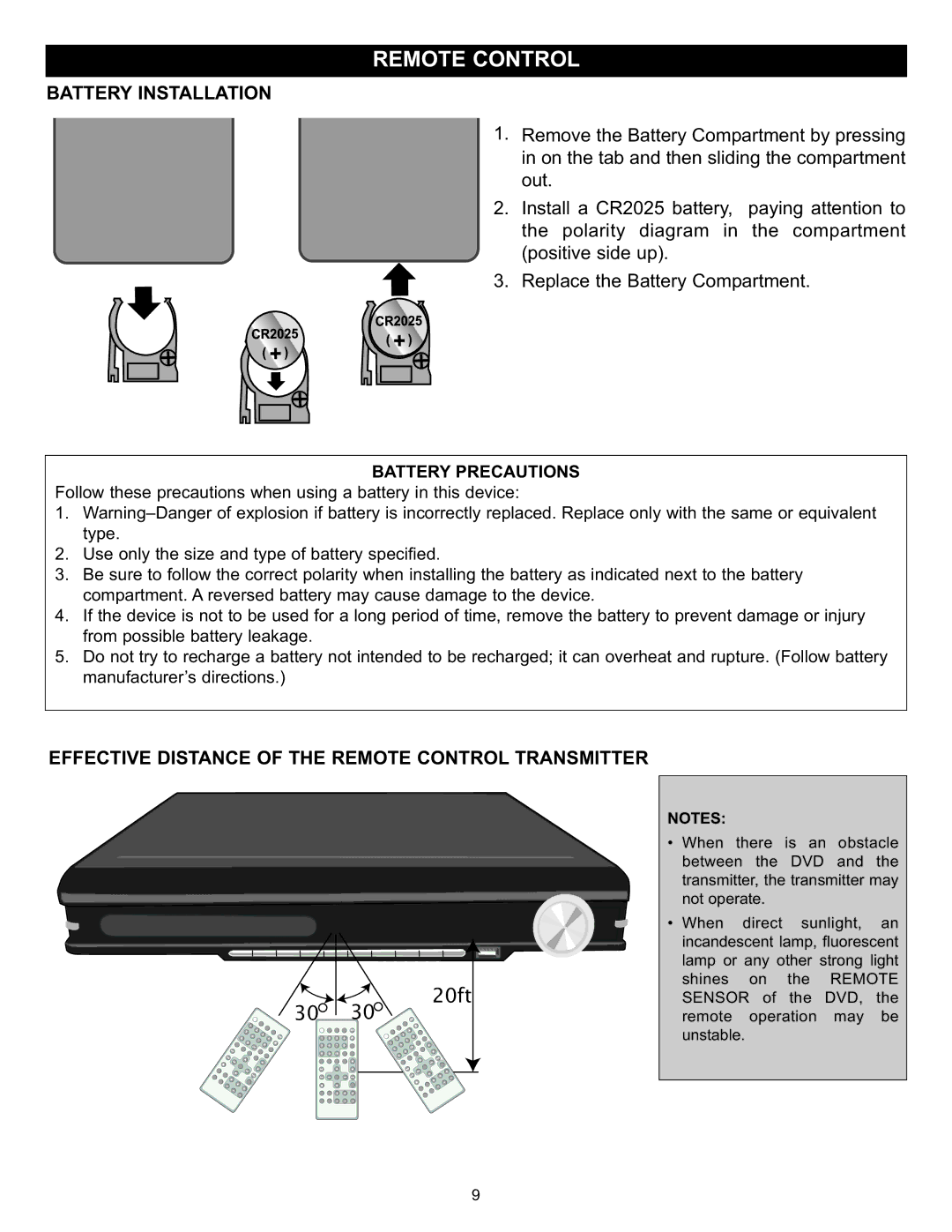 Memorex MIHT5005 manual Battery Installation, Effective Distance of the Remote Control Transmitter 