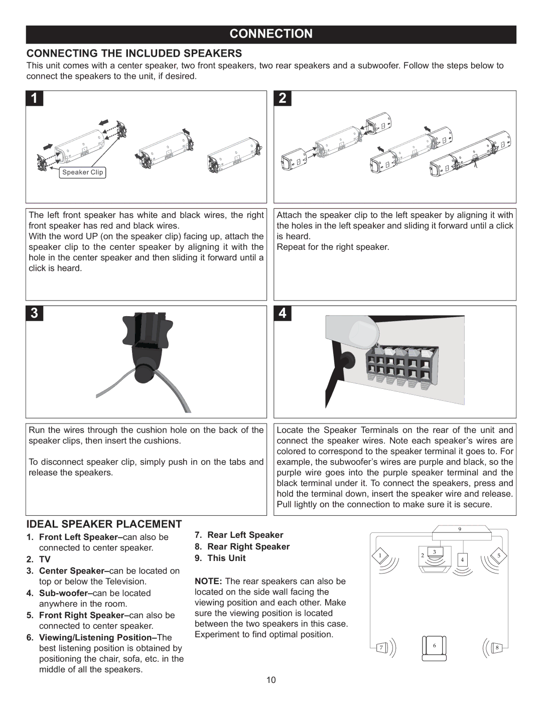 Memorex MIHT5005 manual Connecting the Included Speakers, Ideal Speaker Placement 