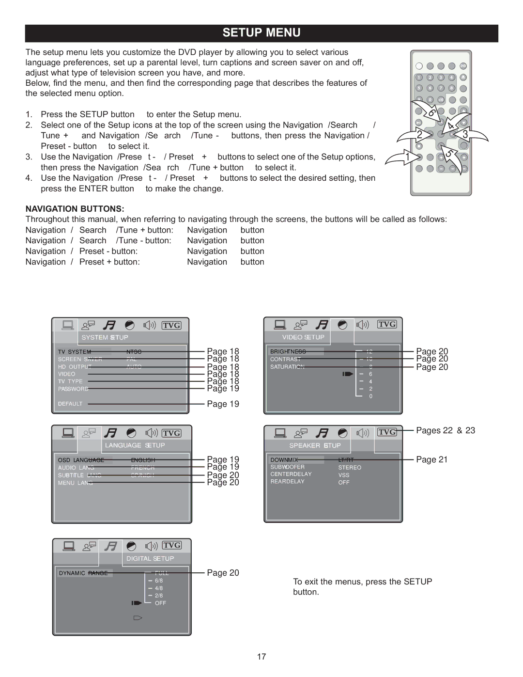 Memorex MIHT5005 manual Navigation Buttons, Language Setup 