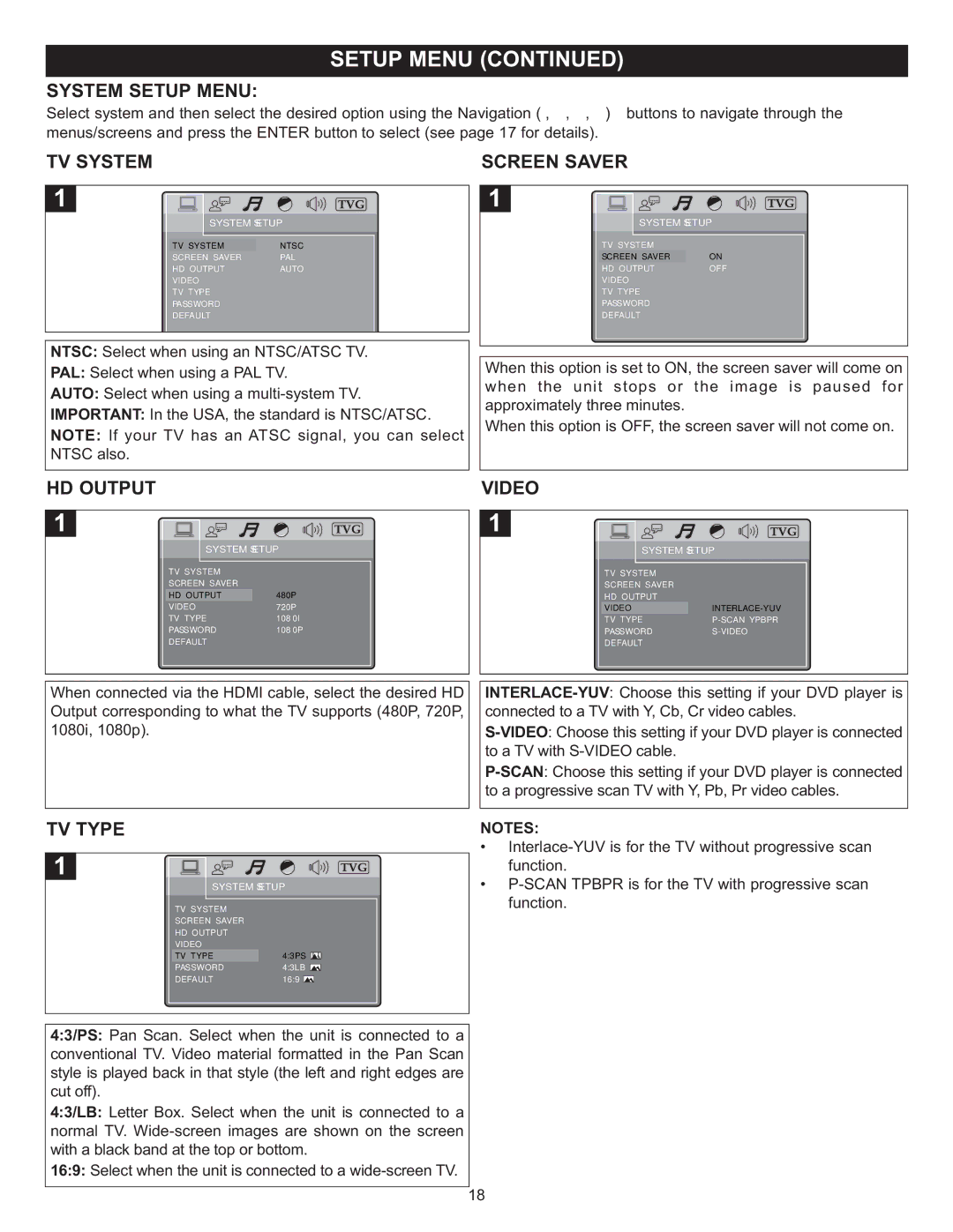 Memorex MIHT5005 manual System Setup Menu, TV System Screen Saver, HD Output, Video, TV Type 