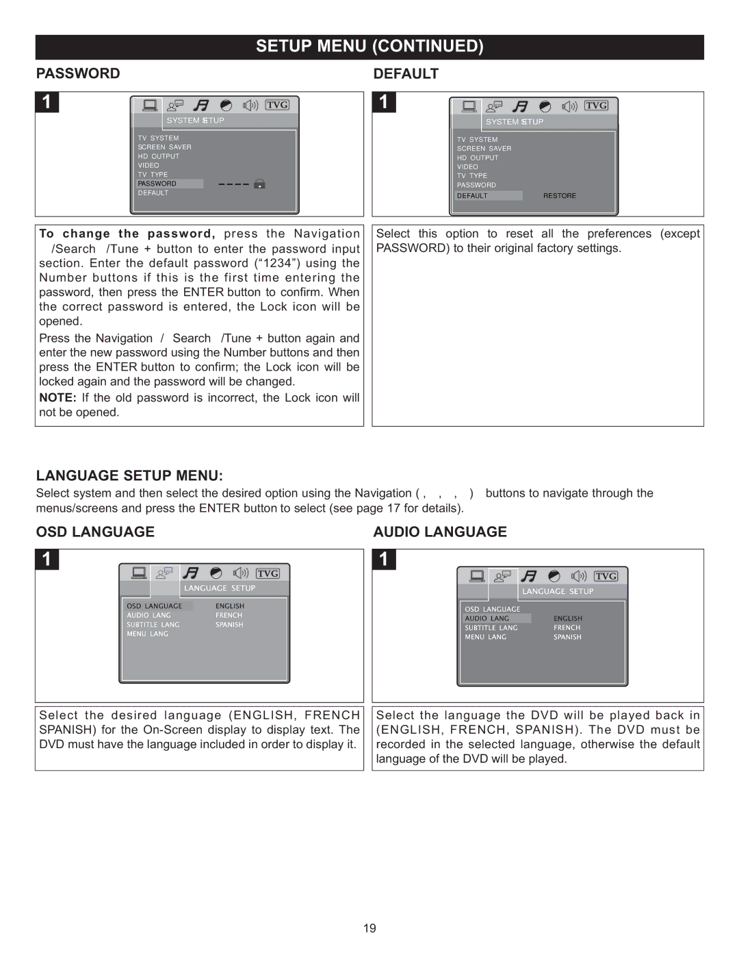 Memorex MIHT5005 manual Password Default, Language Setup Menu, OSD Language Audio Language 