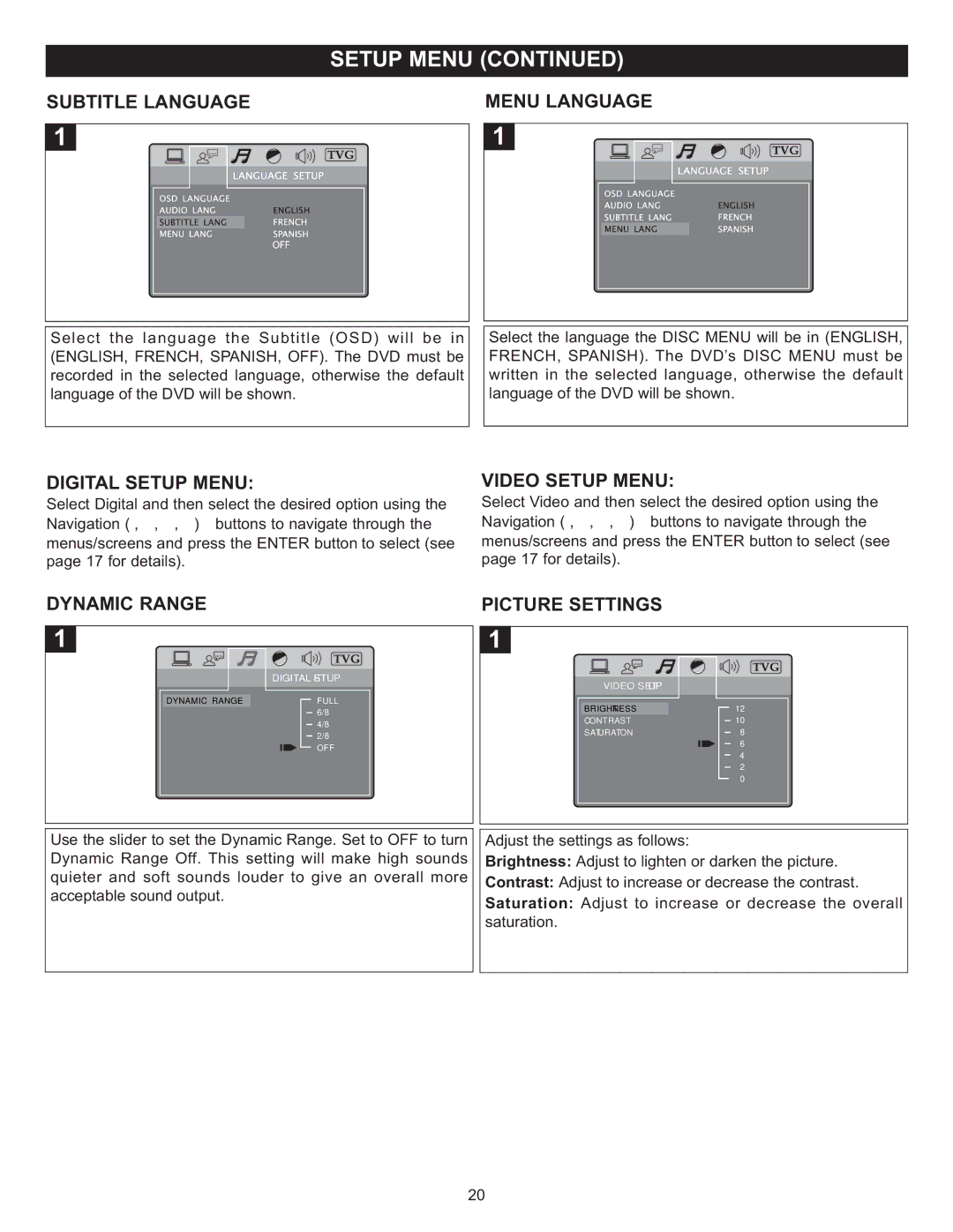 Memorex MIHT5005 Subtitle Language Menu Language, Digital Setup Menu, Dynamic Range, Video Setup Menu, Picture Settings 