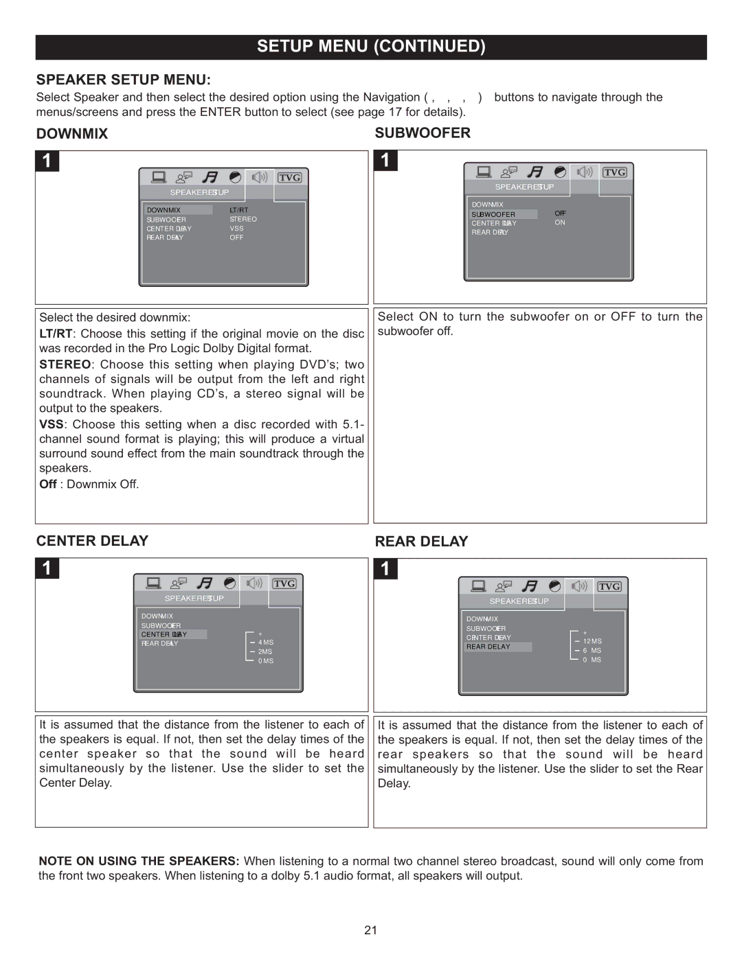 Memorex MIHT5005 manual Speaker Setup Menu, Downmix Subwoofer, Center Delay, Rear Delay 