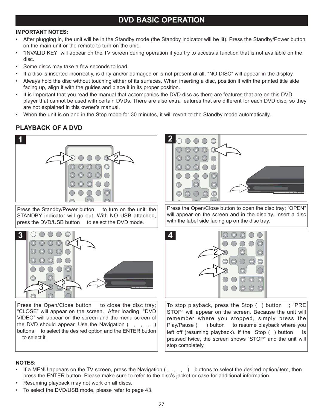 Memorex MIHT5005 manual Playback of a DVD, Important Notes 