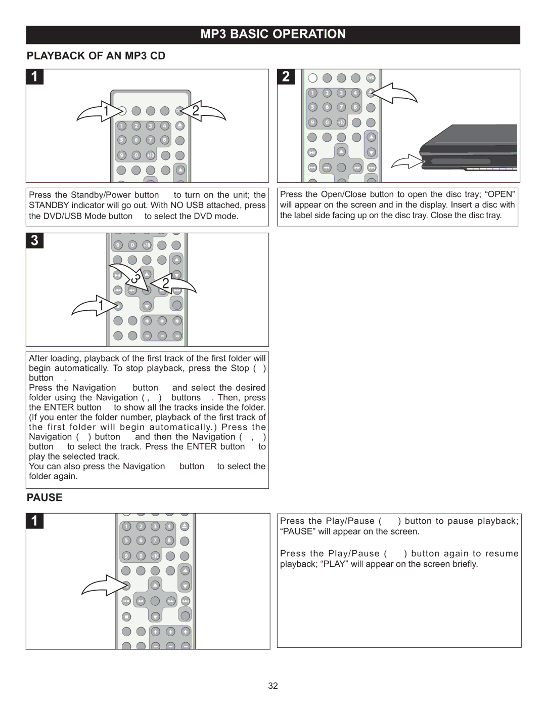 Memorex MIHT5005 manual Playback of AN MP3 CD, Pause 