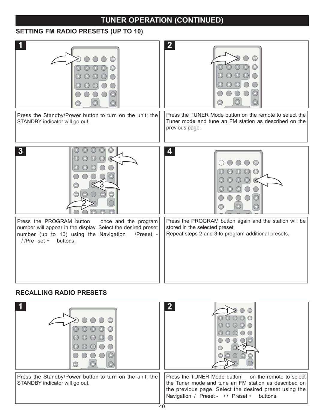 Memorex MIHT5005 manual Setting FM Radio Presets UP to, Recalling Radio Presets 