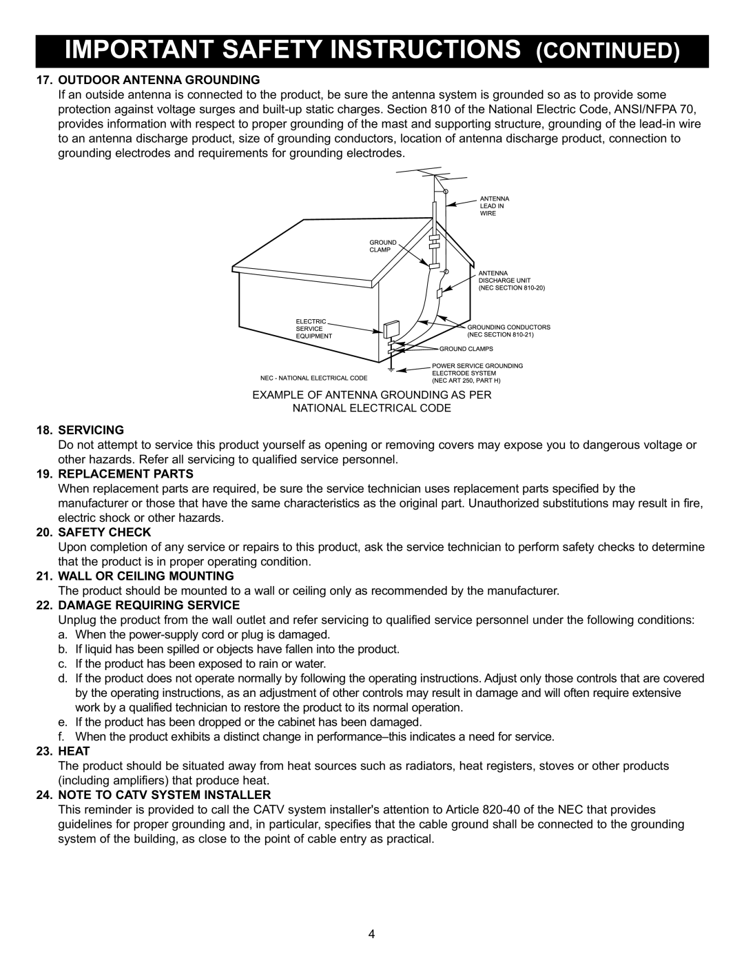 Memorex MIHT5005 manual Outdoor Antenna Grounding, Servicing, Replacement Parts, Safety Check, Wall or Ceiling Mounting 