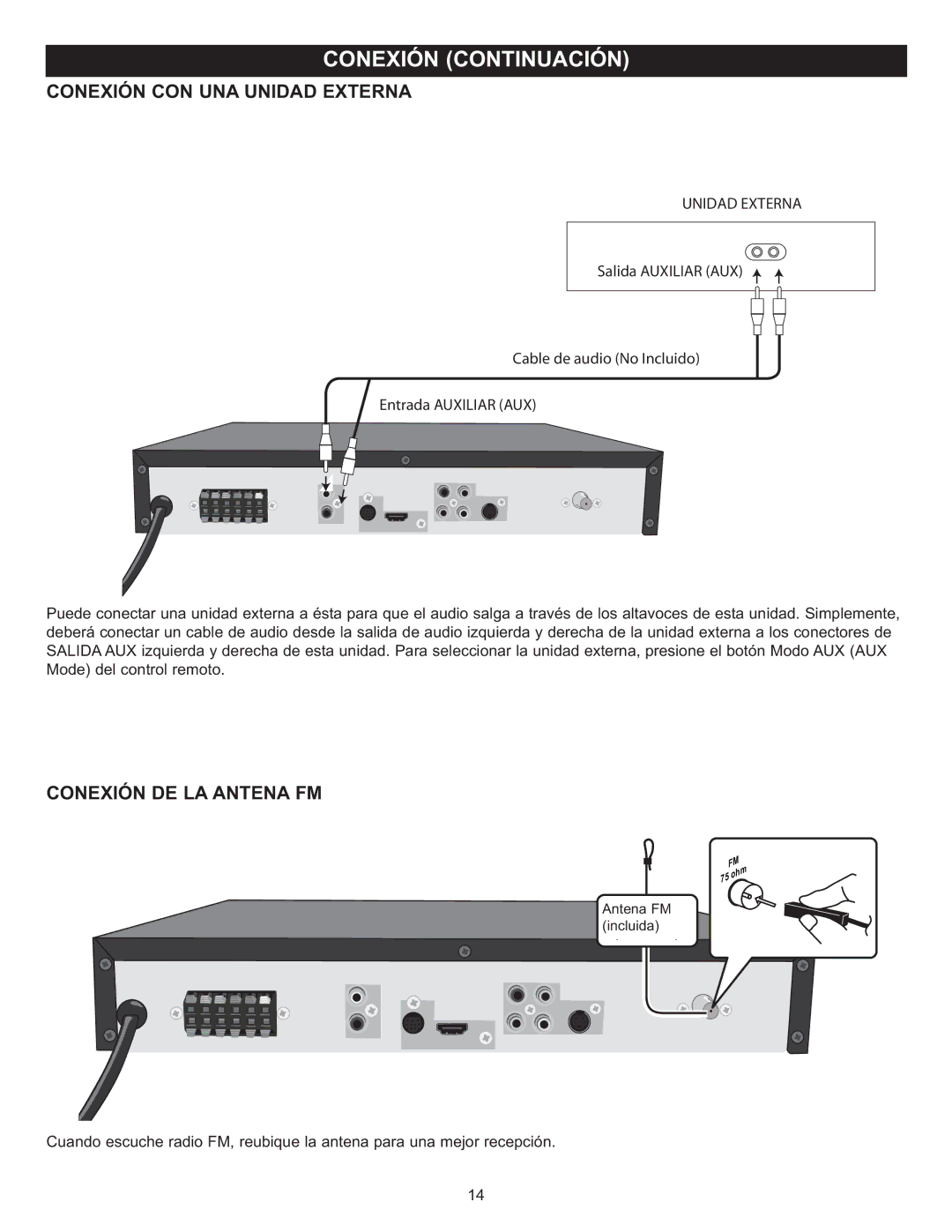 Memorex MIHT5005 manual Conexión CON UNA Unidad Externa, Conexión DE LA Antena FM 