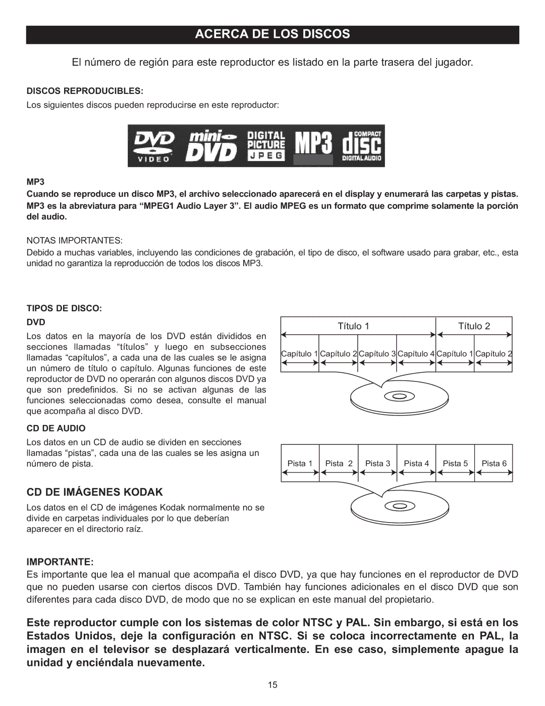 Memorex MIHT5005 manual CD DE Imágenes Kodak, Discos Reproducibles, MP3, Tipos DE Disco DVD, CD DE Audio 