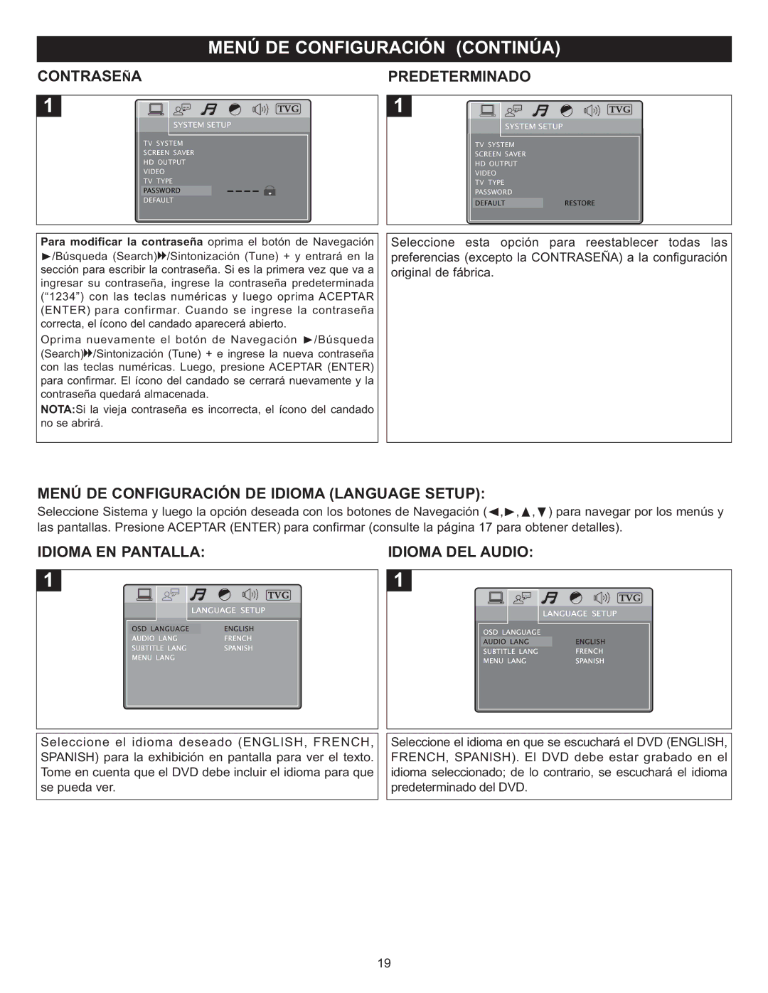 Memorex MIHT5005 manual Contraseña Predeterminado, Menú DE Configuración DE Idioma Language Setup 