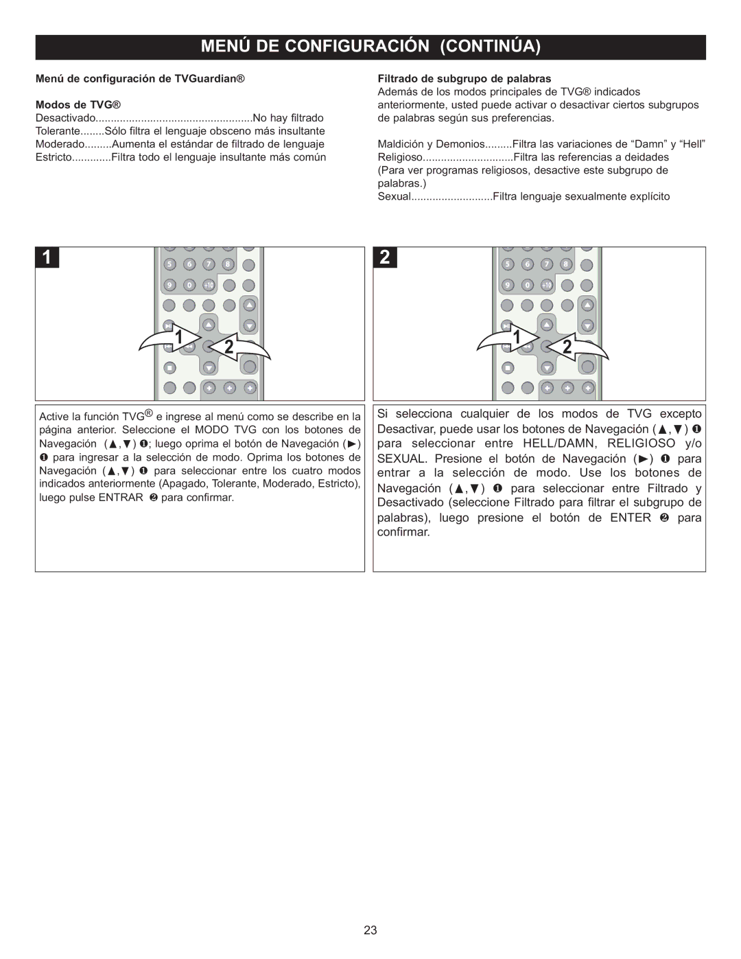 Memorex MIHT5005 manual Menú de configuración de TVGuardian Modos de TVG 