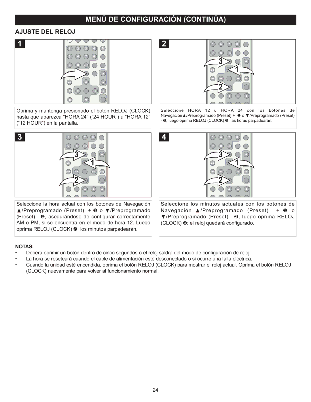 Memorex MIHT5005 manual Ajuste DEL Reloj, Notas 