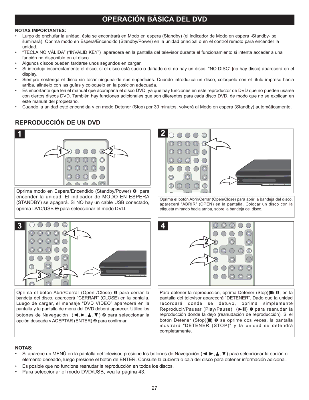 Memorex MIHT5005 manual Reproducción DE UN DVD, Notas Importantes 