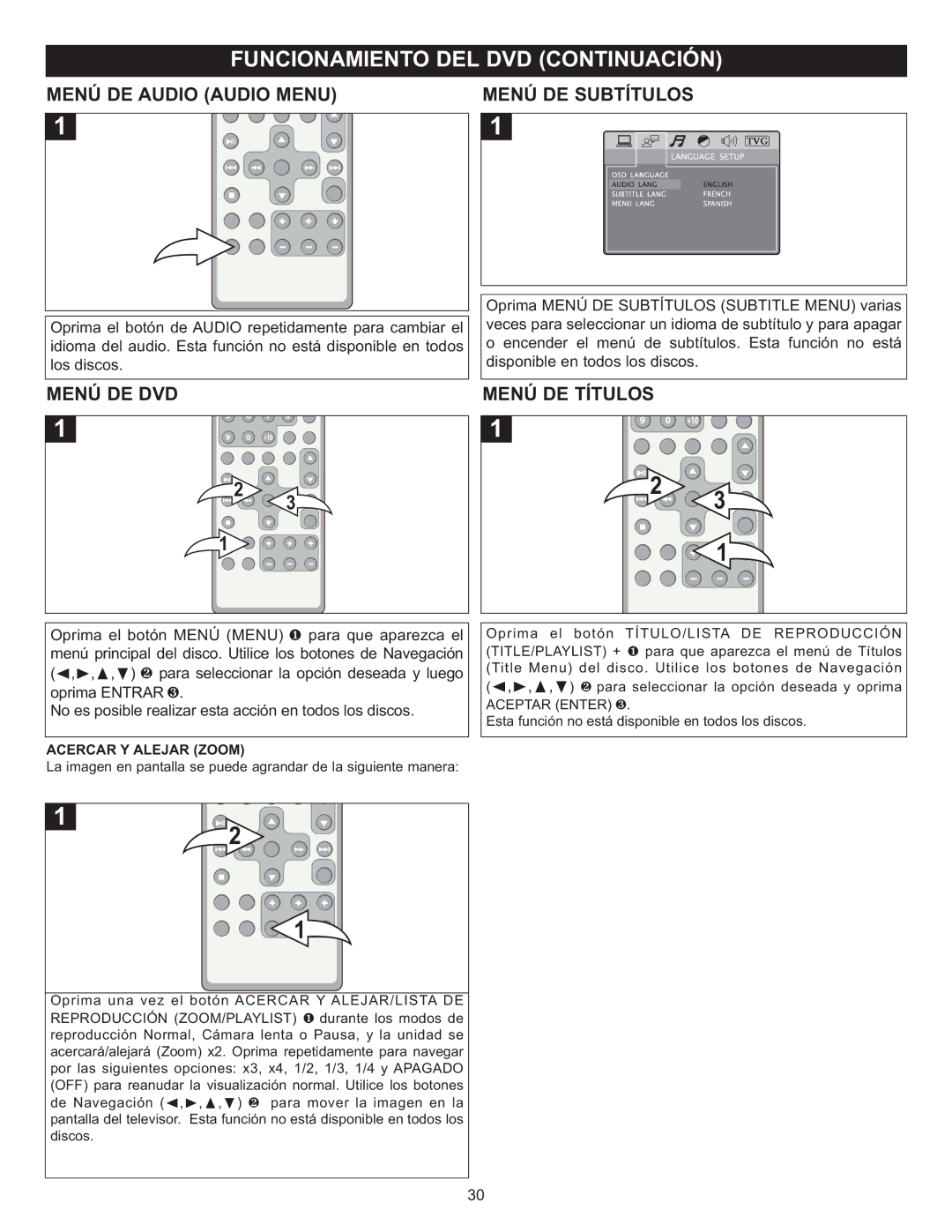 Memorex MIHT5005 manual Menú DE Audio Audio Menu Menú DE Subtítulos, Menú DE DVD, Menú DE Títulos 