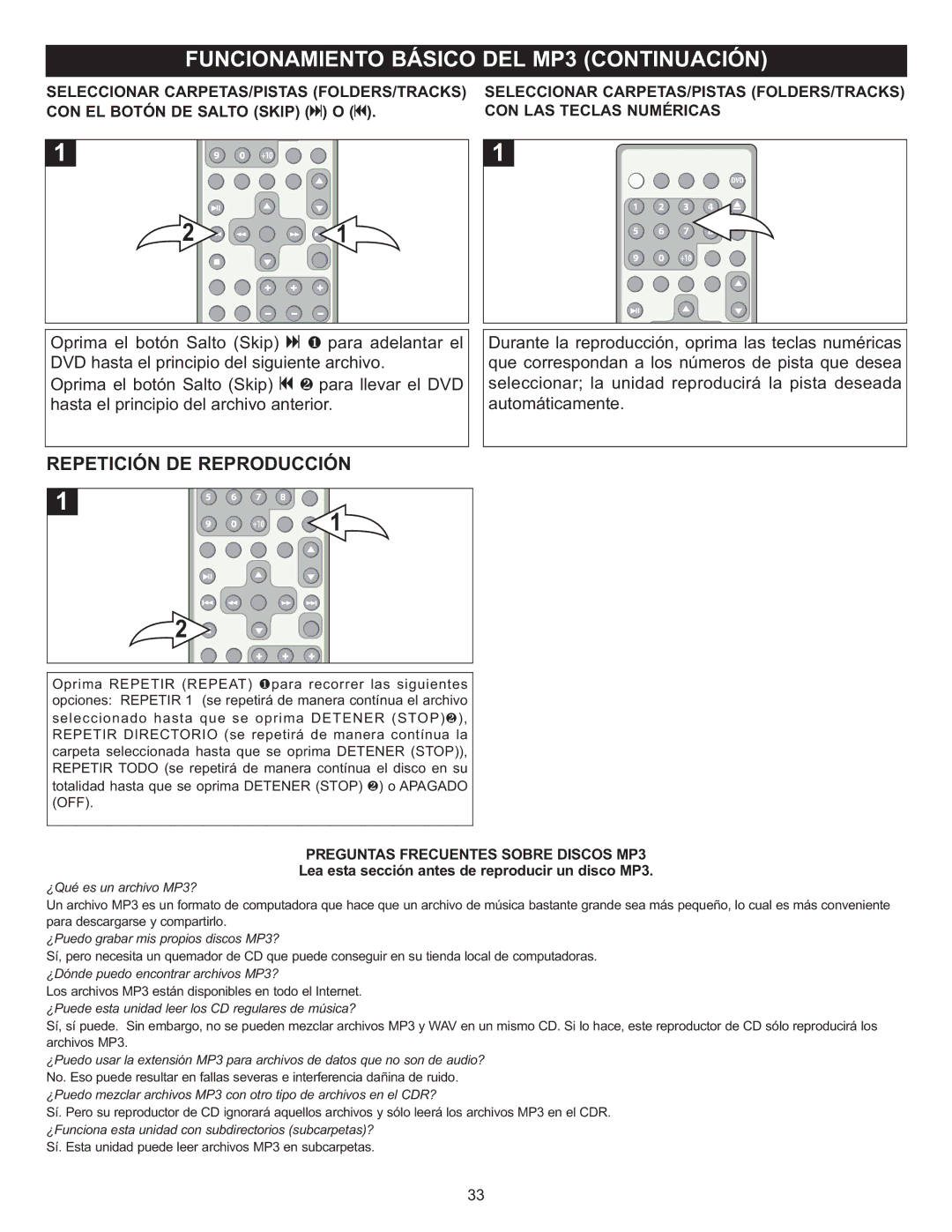 Memorex MIHT5005 manual Repetición DE Reproducción, Seleccionar CARPETAS/PISTAS FOLDERS/TRACKS, CON LAS Teclas Numéricas 