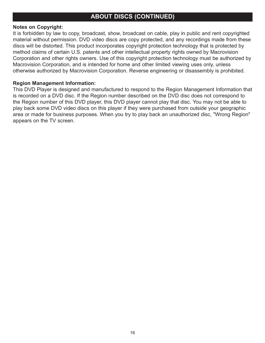 Memorex MIHT5005 manual Notes on Copyright, Region Management Information 