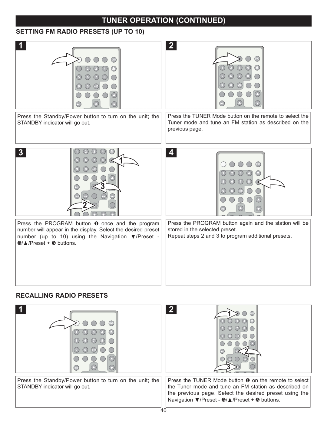 Memorex MIHT5005 manual 1 23, Setting Fm Radio Presets Up To, Recalling Radio Presets 
