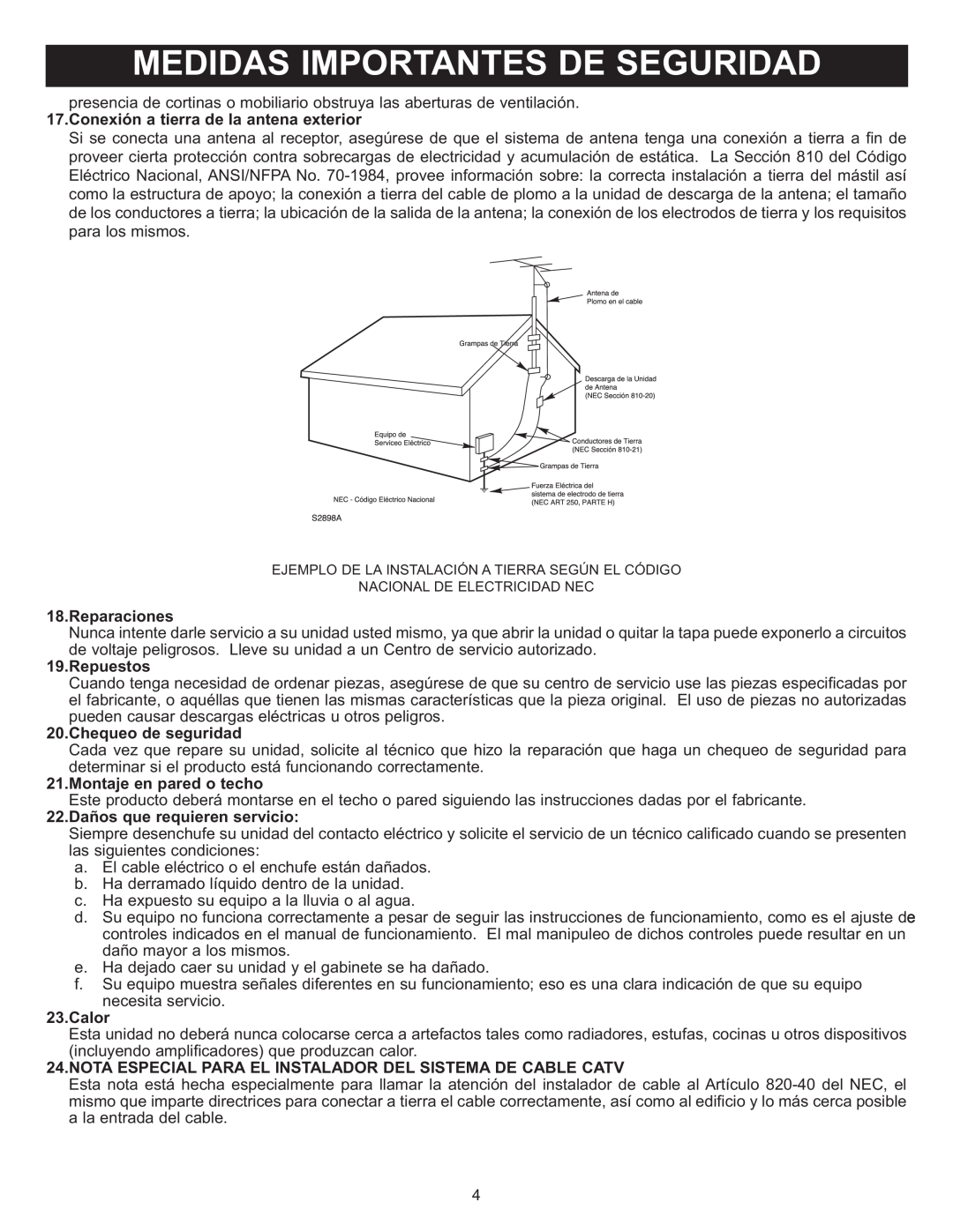 Memorex MIHT5005 manual Conexión a tierra de la antena exterior, Reparaciones, Repuestos, Chequeo de seguridad, Calor 