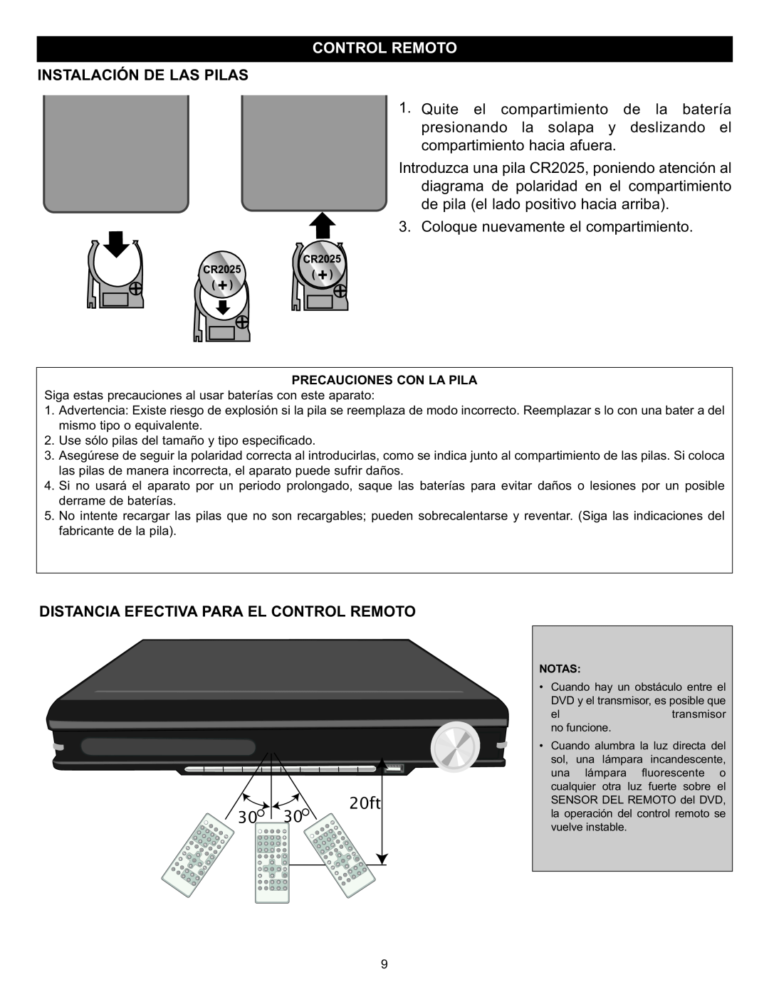 Memorex MIHT5005 manual Instalación De Las Pilas, Distancia Efectiva Para El Control Remoto, 303020ft 