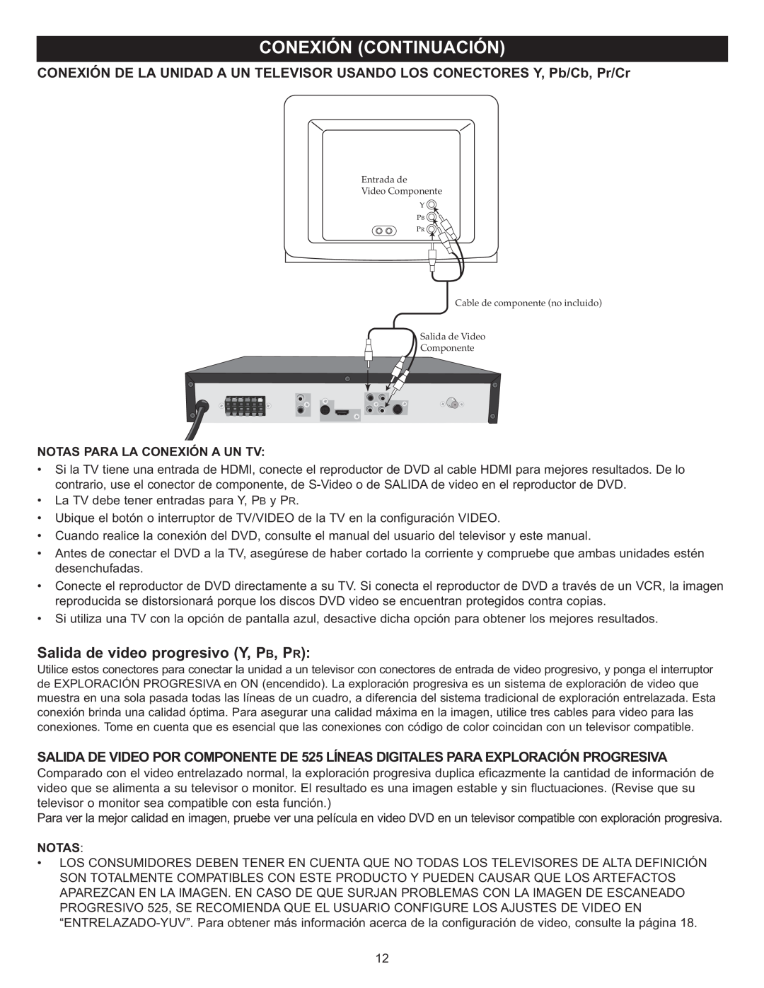 Memorex MIHT5005 manual Salida de video progresivo Y, PB, PR, Notas Para La Conexión A Un Tv 