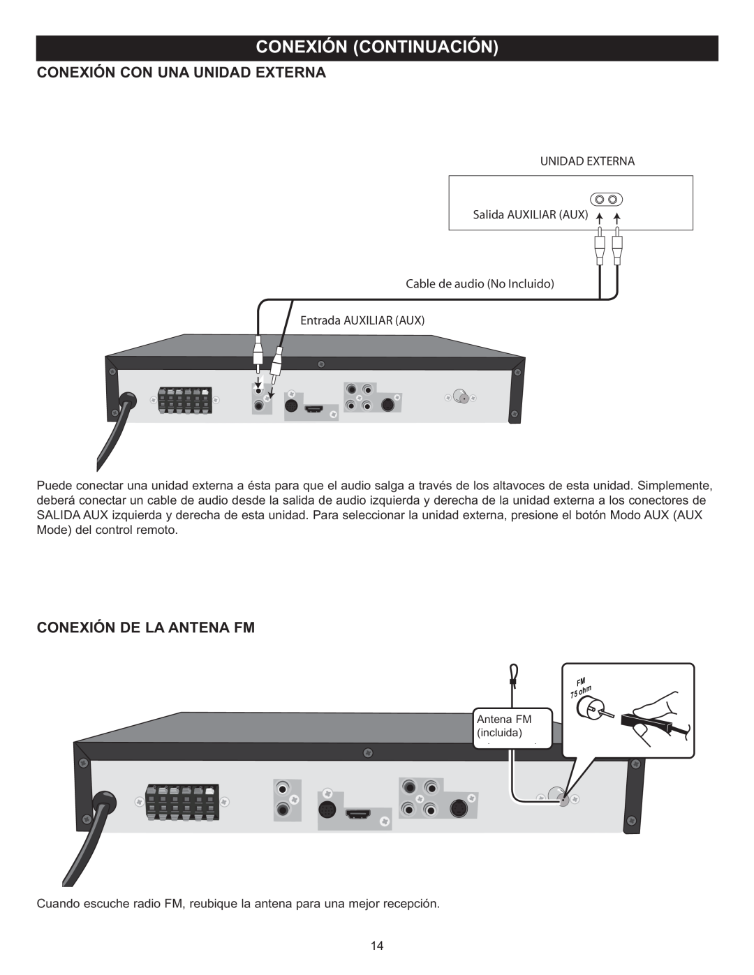 Memorex MIHT5005 manual Conexión Con Una Unidad Externa, Conexión De La Antena Fm, UNIDAD EXTERNA Salida AUXILIAR AUX 