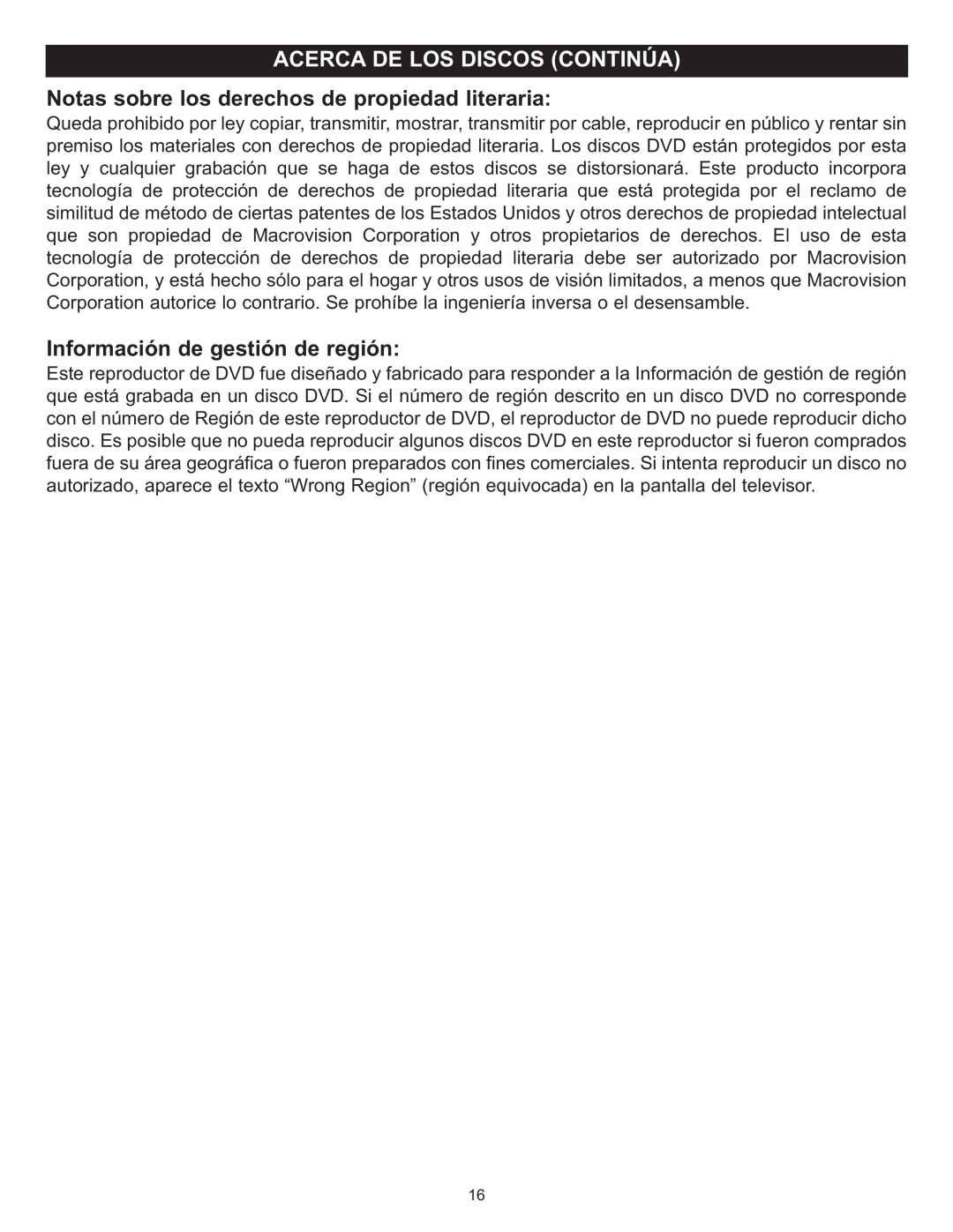 Memorex MIHT5005 manual Notas sobre los derechos de propiedad literaria, Información de gestión de región 