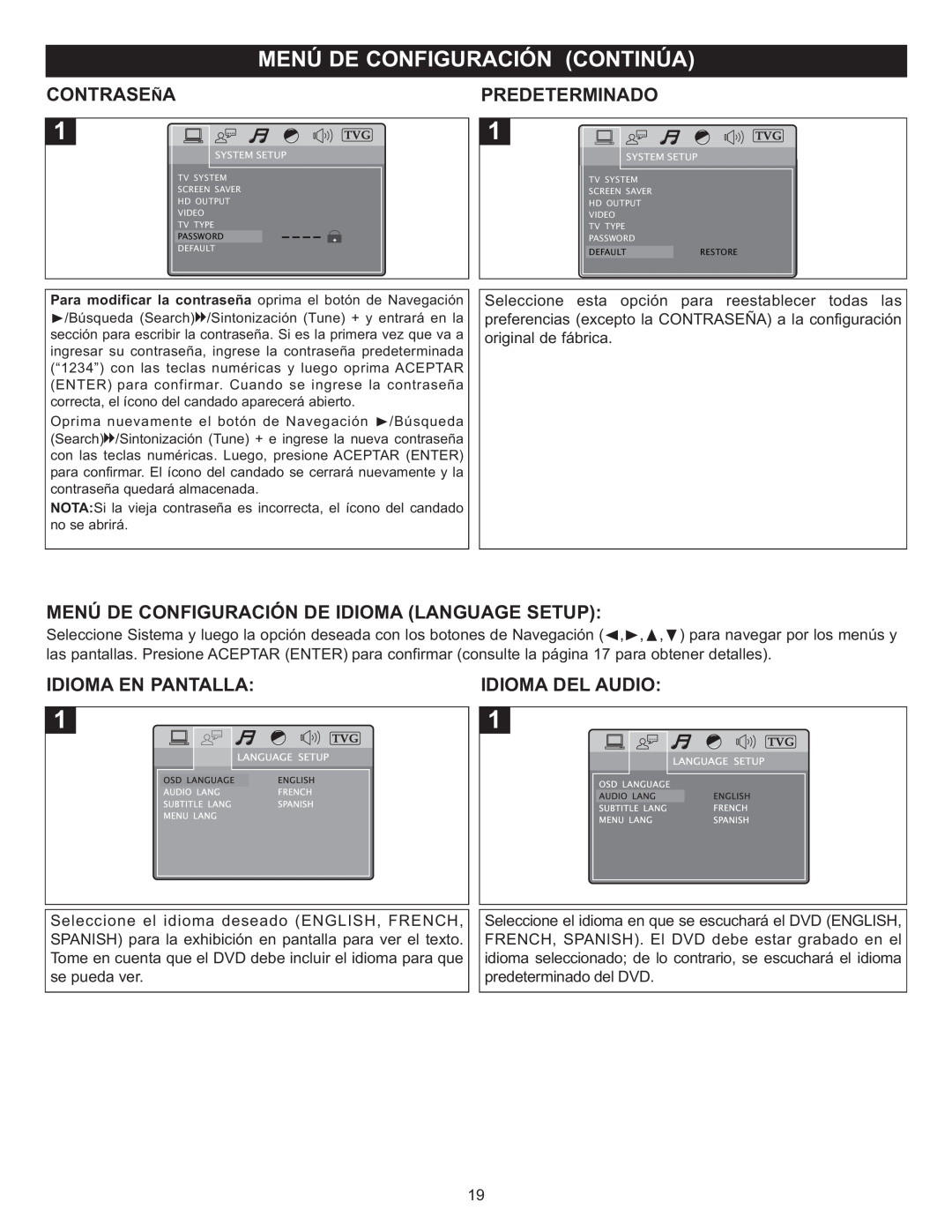 Memorex MIHT5005 manual Contraseña, Predeterminado, Menú De Configuración De Idioma Language Setup, Idioma En Pantalla 