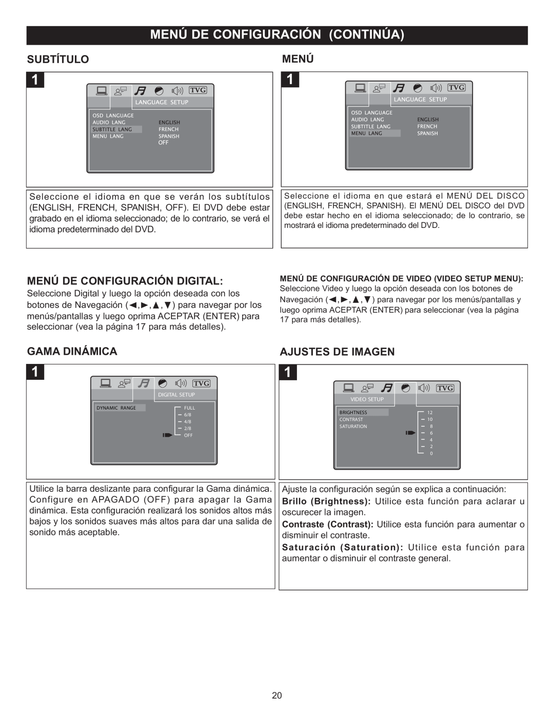 Memorex MIHT5005 manual Subtítulo, Menú, Gama Dinámica, Ajustes De Imagen 
