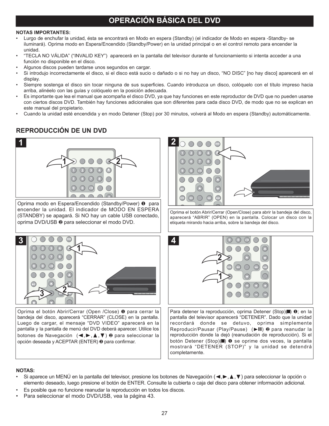 Memorex MIHT5005 manual Reproducción De Un Dvd, • Para seleccionar el modo DVD/USB, vea la página, Notas Importantes 