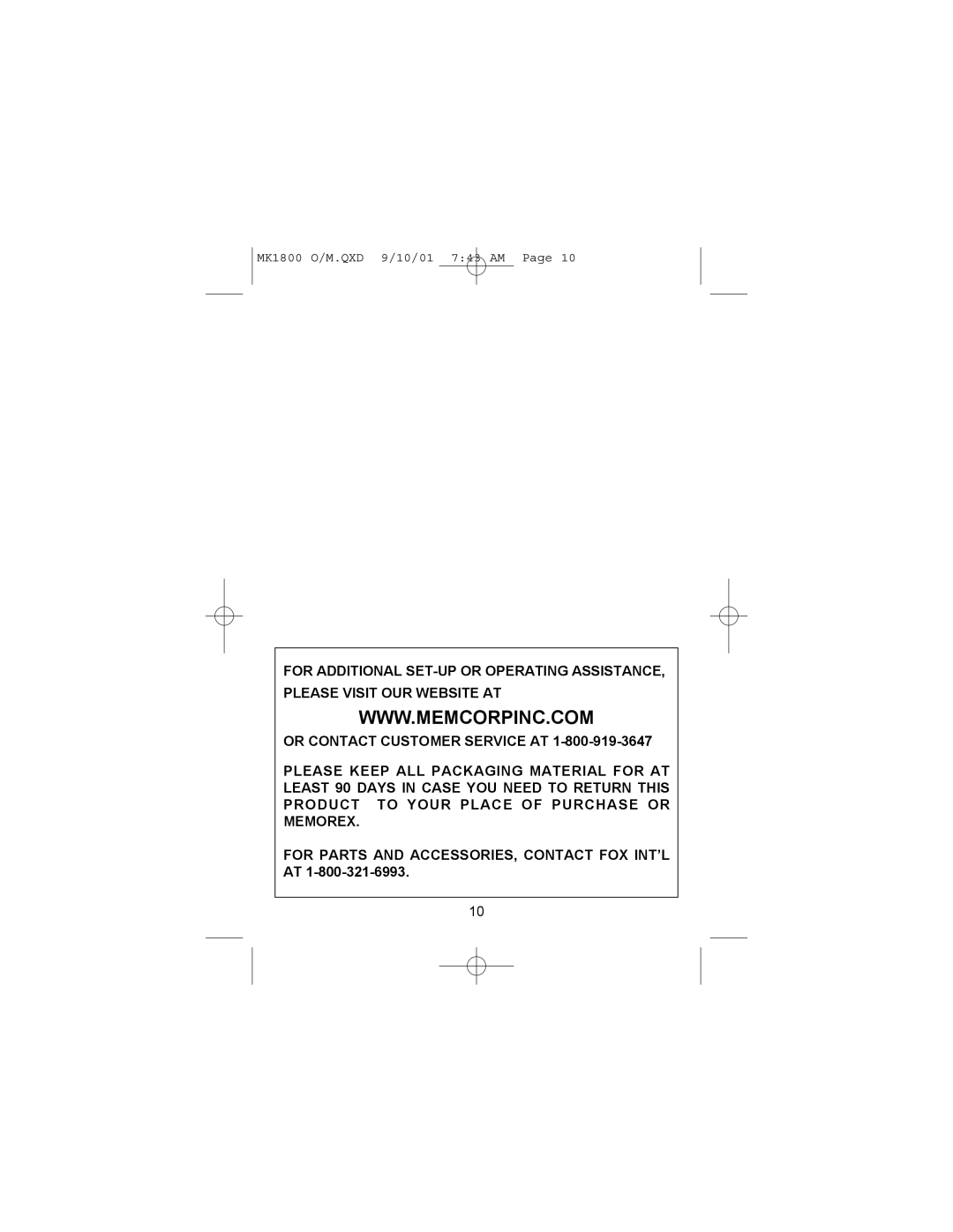 Memorex operating instructions MK1800 O/M.QXD 9/10/01 743 AM 