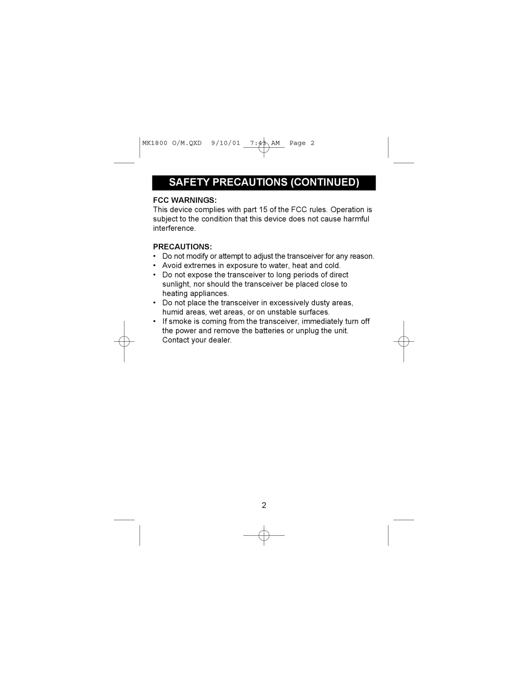 Memorex MK1800 operating instructions FCC Warnings, Precautions 