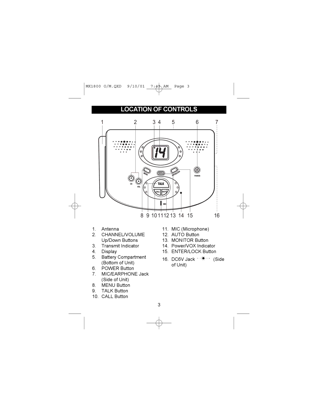 Memorex MK1800 operating instructions Location of Controls, 10 1112 13 