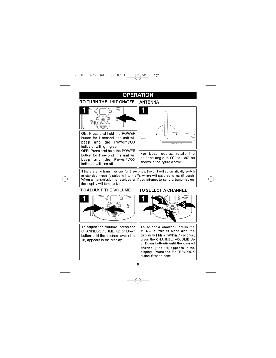 Memorex MK1800 operating instructions Operation, To Turn the Unit ON/OFF Antenna, To Adjust the Volume to Select a Channel 