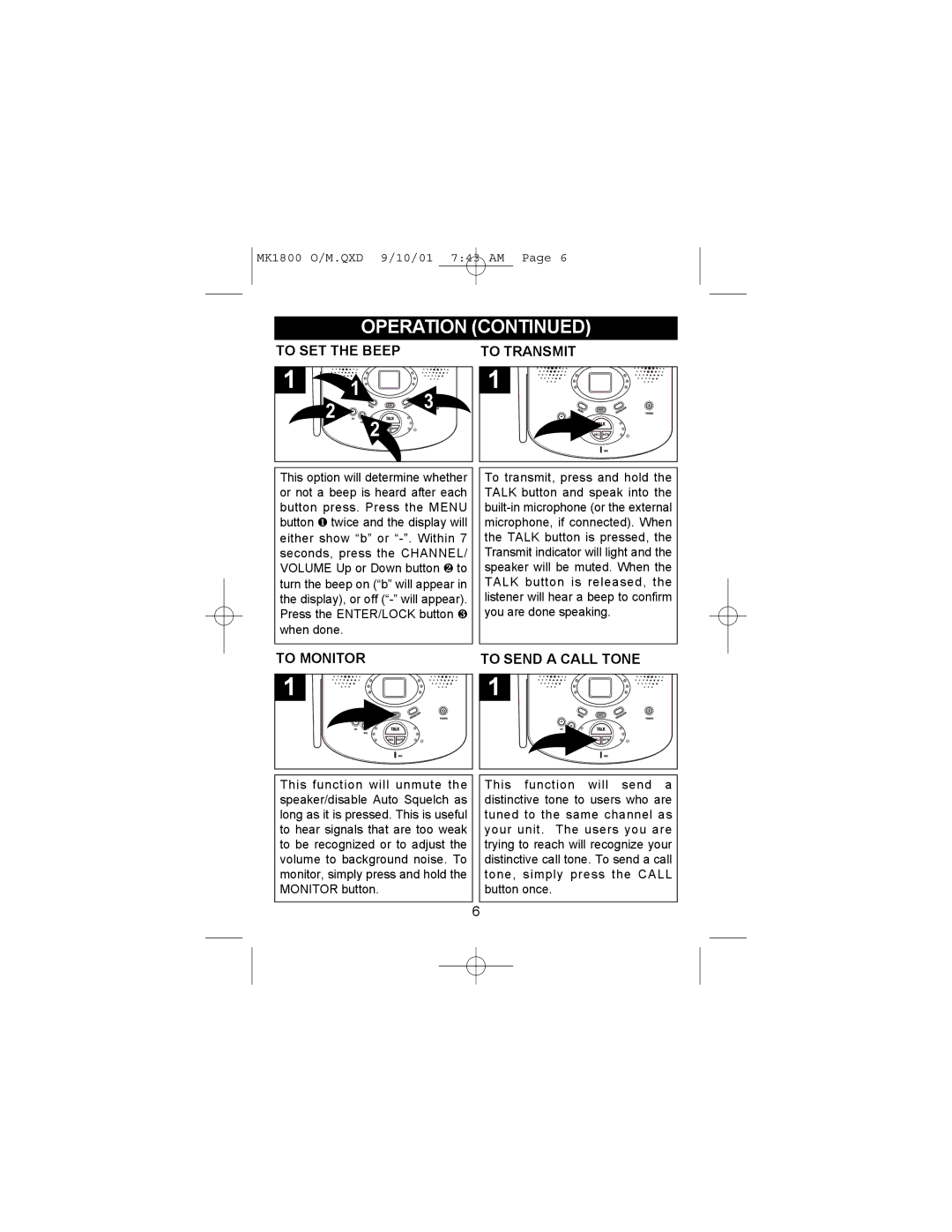 Memorex MK1800 operating instructions To SET the Beep To Transmit, To Monitor To Send a Call Tone 