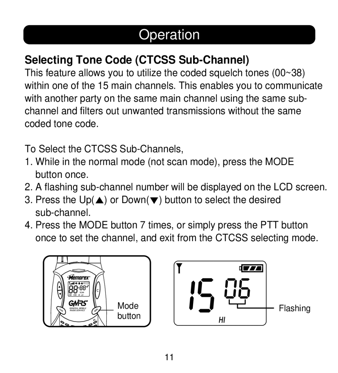 Memorex MK1995 instruction manual Selecting Tone Code Ctcss Sub-Channel 