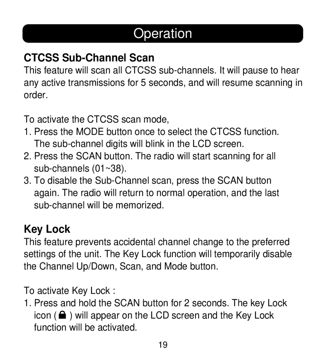 Memorex MK1995 instruction manual Ctcss Sub-Channel Scan, Key Lock 