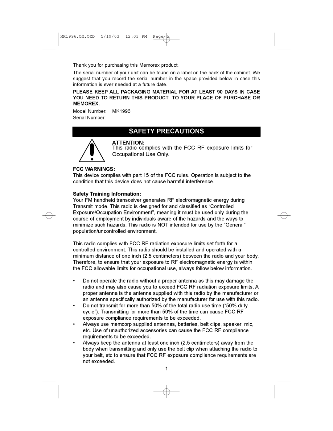 Memorex MK1996 manual Safety Precautions, FCC Warnings 