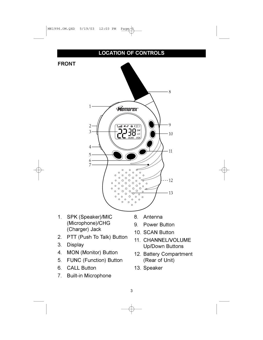 Memorex MK1996 manual Location of Controls, Front 