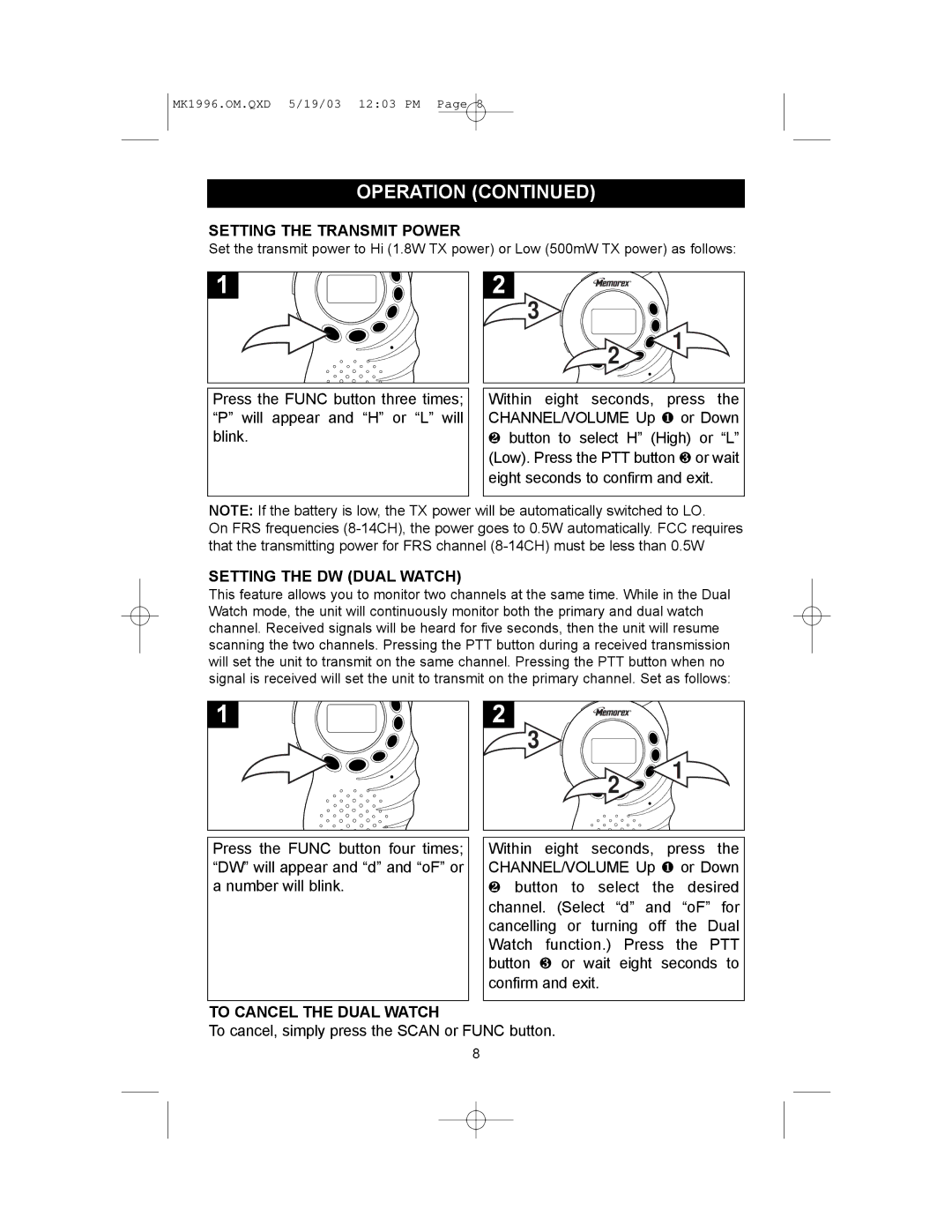 Memorex MK1996 manual Setting the Transmit Power, Setting the DW Dual Watch, To Cancel the Dual Watch 