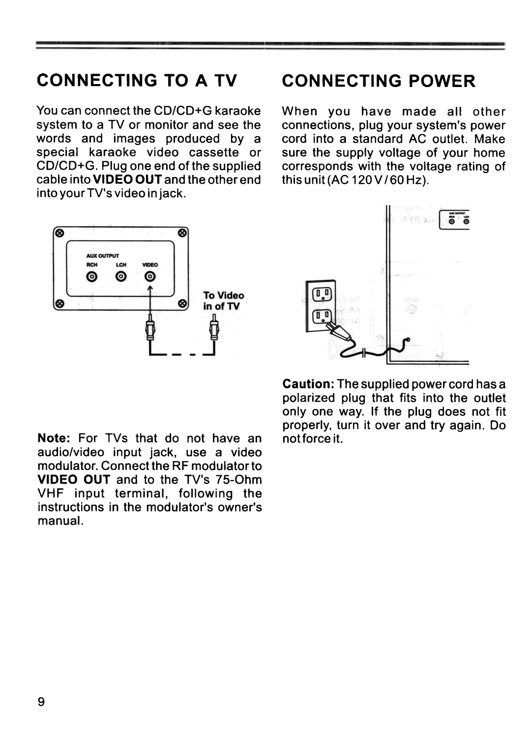 Memorex MKS 3001 manual Connecting to a TV Connecting Power 