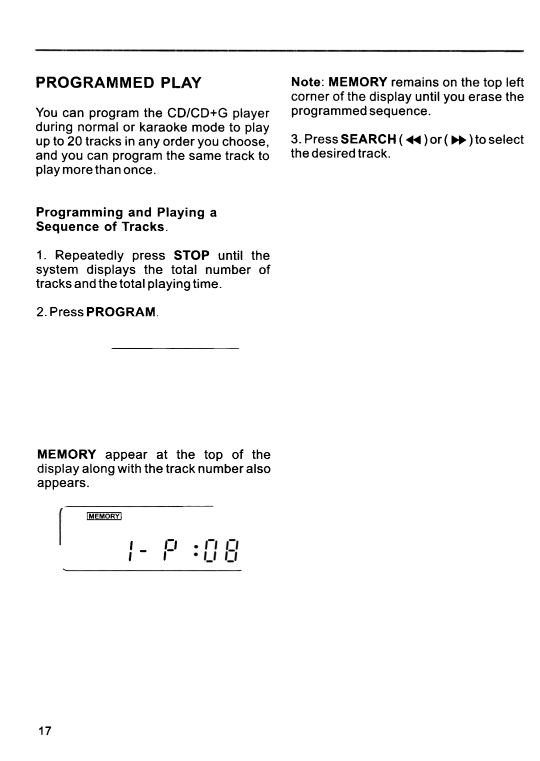 Memorex MKS 3001 manual Programming and Playing a Sequence of Tracks, Press Search ~ or to select the desired track 