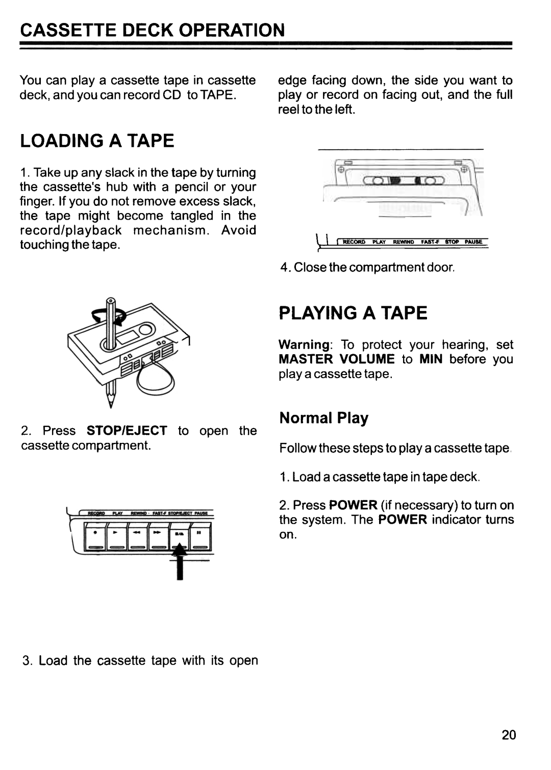 Memorex MKS 3001 manual Cassette Deck Operation, Loading a Tape, Playing a Tape, Normal Play 