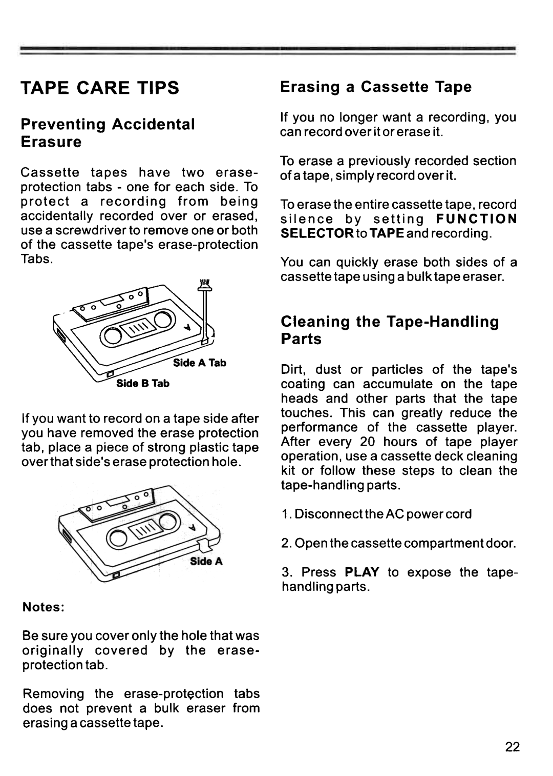 Memorex MKS 3001 manual Tape Care Tips, Erasure, Erasing a Cassette Tape 