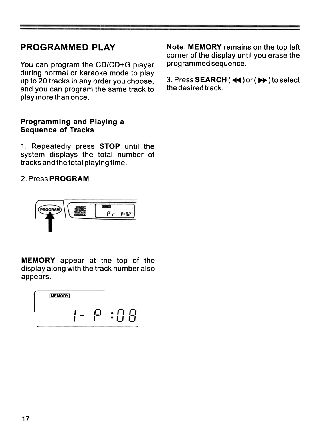 Memorex MKS 3001 manual Programmed Play, Programming and Playing a Sequence of Tracks 