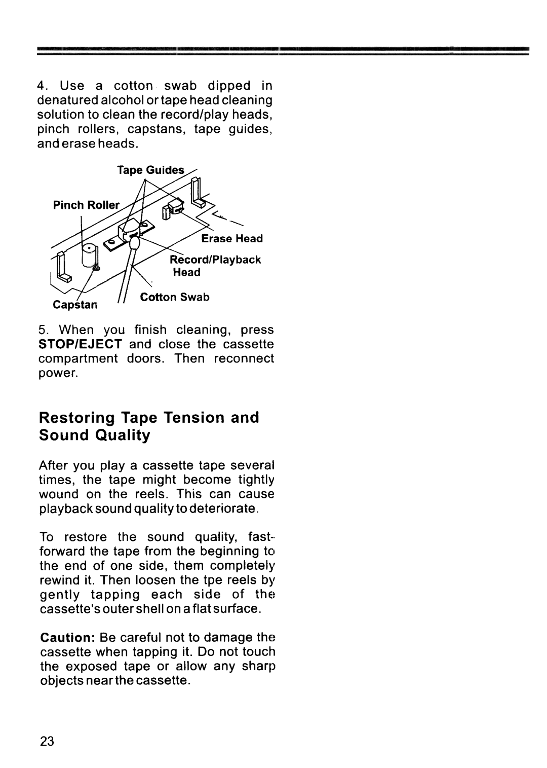 Memorex MKS 3001 manual t--=~, Restoring Tape Tension and Sound Quality 