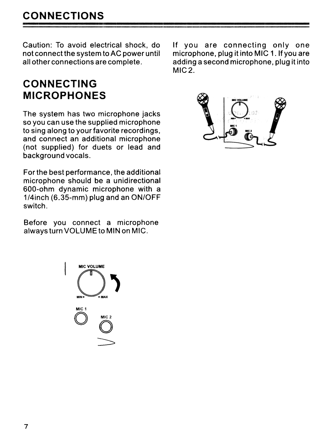 Memorex MKS 3001 manual Connections, Connecting Microphones 
